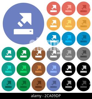 Export with inner arrow multi colored flat icons on round backgrounds. Included white, light and dark icon variations for hover and active status effe Stock Vector