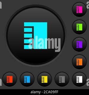 Vertical tabbed layout active dark push buttons with vivid color icons on dark grey background Stock Vector