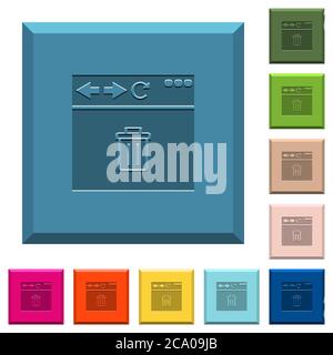 Browser delete engraved icons on edged square buttons in various trendy colors Stock Vector
