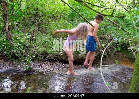 Girl and boy on summer holiday after lockdown playing in a stream in the leafy wooded countryside in Carmarthenshire Wales UK  KATHY DEWITT Stock Photo