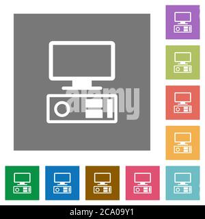 Old personal computer flat icons on simple color square backgrounds Stock Vector