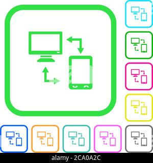Syncronize mobile with computer vivid colored flat icons in curved borders on white background Stock Vector