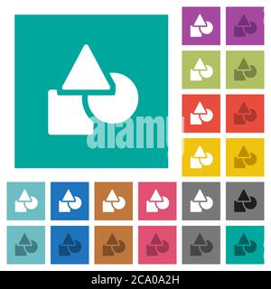 Basic geometric shapes multi colored flat icons on plain square backgrounds. Included white and darker icon variations for hover or active effects. Stock Vector