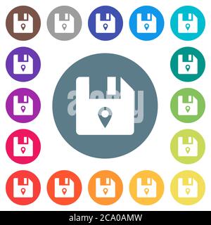 File location flat white icons on round color backgrounds. 17 background color variations are included. Stock Vector