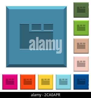 Horizontal tabbed layout active engraved icons on edged square buttons in various trendy colors Stock Vector
