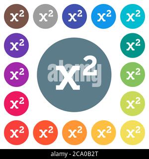 Math exponentiation flat white icons on round color backgrounds. 17 background color variations are included. Stock Vector