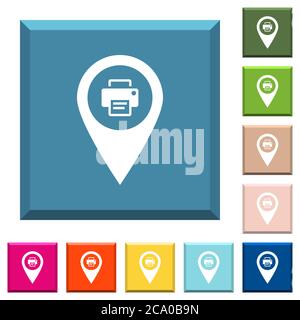 Print GPS map location white icons on edged square buttons in various trendy colors Stock Vector