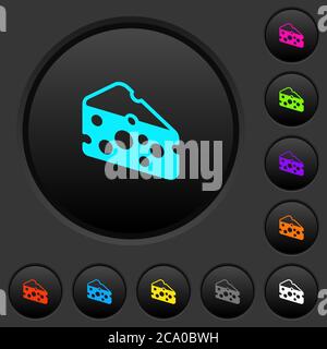 Slice of cheese dark push buttons with vivid color icons on dark grey background Stock Vector