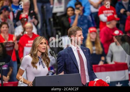 Lara and Eric Trump warm up the crowd prior to the President's campaign rally speech Stock Photo