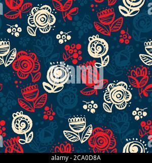 Abstract tulip and roses folk style seamless pattern for background, wrap, fabric, textile, wrap, surface, web and print design. Decorative rustic flo Stock Vector