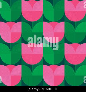 Geometrical abstract tulip seamless pattern for background, wrap, fabric, textile, wrap, surface, web and print design.  Classic pink and green spring Stock Vector