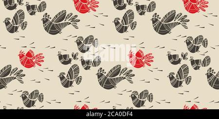 Linocut style spring birds folk vibes seamless pattern. Repeatable peasant traditional color motif for playful projects, background, wrap, fabric, tex Stock Vector