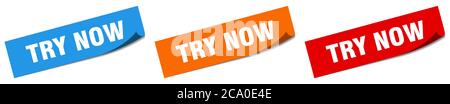 try now paper peeler sign set. try now sticker Stock Vector