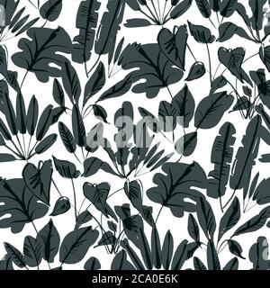 Shabby hand drawn black and white tropical leaves seamless pattern for background, wrap, fabric, textile, wrap, surface, web and print design. Stock Vector