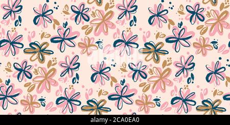 Abstract sketch floral seamless pattern for background, fabric, textile, wrap, surface, web and print design. Shabby  hipster and rustic vibes flowers Stock Vector