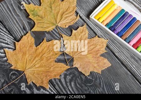 Pastels for drawing in different colors. Nearby are dried maple leaves. On black painted pine planks. Stock Photo