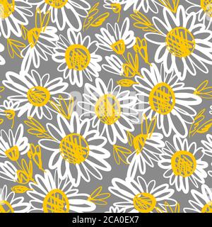 Sketch style daisy flower seamless pattern for background, wrap, fabric, textile, wrap, surface, web and print design. Simple naive summer floral rapp Stock Vector