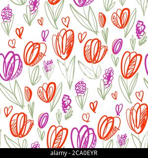 Playful naive tulip flower seamless pattern for background, wrap, fabric, textile, wrap, surface, web and print design. colorful spring floral rapport Stock Vector