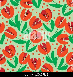 Classic traditional red tulip seamless pattern for background, wrap, fabric, textile, wrap, surface, web and print design. Cute simple spring flower r Stock Vector