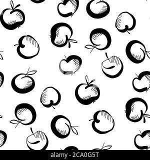 Sketch black and white cute apple seamless pattern for background, wrap, fabric, textile, wrap, surface, web and print design. Vector repeatable motif Stock Vector