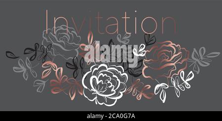 Elegant hand drawn rose floral element for card, header, invitation, poster, social media, post publication. Luxury sketch style gray and rose gold ve Stock Vector