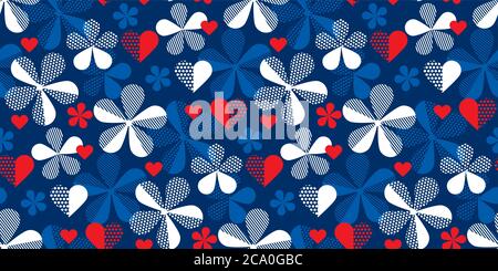 Classic blue and red, floral and heart seamless pattern for background, fabric, textile, wrap, surface, web and print design. Simple geometric flowers Stock Vector