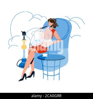 Woman Relaxing And Smoking In Hookah Cafe Vector Stock Vector