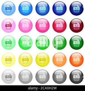 XLS file format icons in set of 25 color glossy spherical buttons Stock Vector