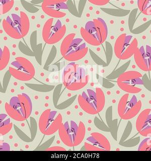 Cute elegant pastel rosy tulip seamless pattern for background, wrap, fabric, textile, wrap, surface, web and print design. Simple pale color spring f Stock Vector