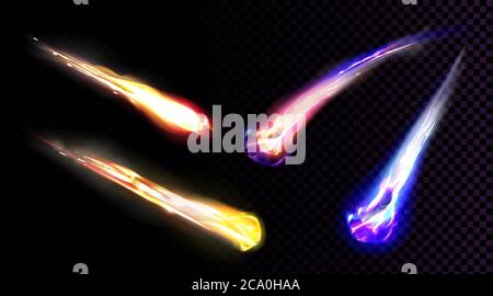 Falling comets, asteroids or meteors with flame trail isolated on transparent background. Vector realistic set of flying glowing meteorites from space, fireballs burning in Earth atmosphere Stock Vector