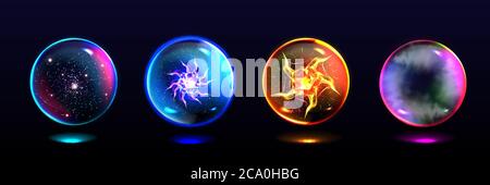 Magic spheres, crystal balls with lightning, energy burst, stars and mystical fog inside. Vector realistic set of glass globes, glowing orbs for magician and fortune teller Stock Vector