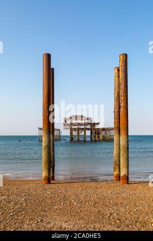 West Pier in Brighton at low tide, on a sunny summer's morning Stock Photo