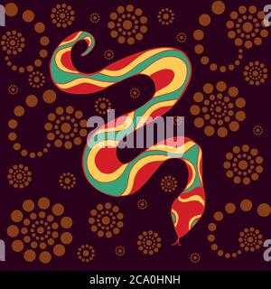 Wriggling snake with colorful ornament, isolated on dark brown background with patterns. Stock Vector