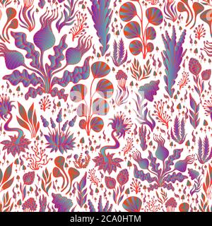 Vintage bright abstract psychedelic plants seamless pattern, vivid gradient violet blue color, red outline, isolated on white background Stock Vector
