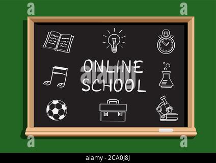 online school text and symbols on blackboard Stock Vector