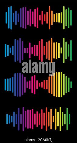 Volume spectrum collection. Multicolored audio range effect. Rainbow music signal diagram. Vivid colors equalizer charts. Sound waves abstract graph. Stock Vector
