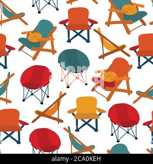 Chairs seamless vector pattern. Repeating background Camping Picnic Patio Chairs. Different types of chairs Stock Vector