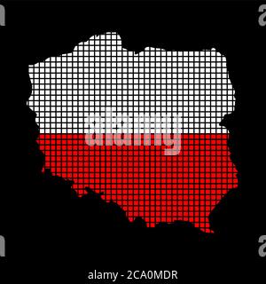 Polish flag on map made from squares, infographic isolated on black. Red and white patriotic colours of Poland. Halftone effect vector file. illustrat Stock Vector