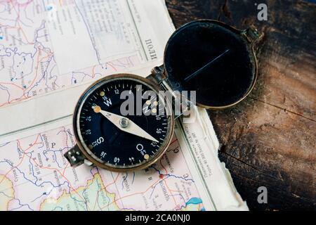 the compass is on the map Stock Photo