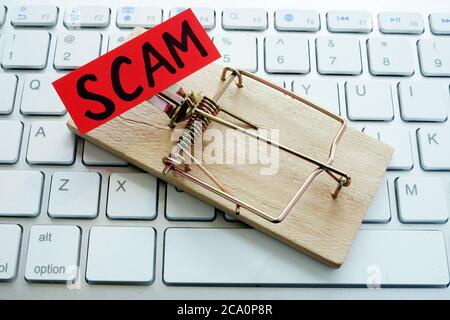 Mousetrap and word scam on the keyboard for internet. Identity Theft. Stock Photo