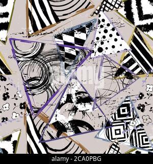 seamless background pattern, with triangles, circles, paint strokes and splashes, black and white Stock Vector