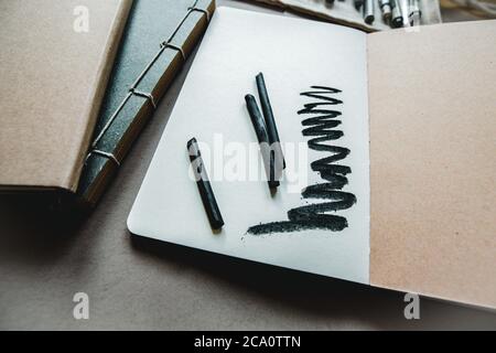 designer table and accessories, wooden, work workplace workspace Stock Photo