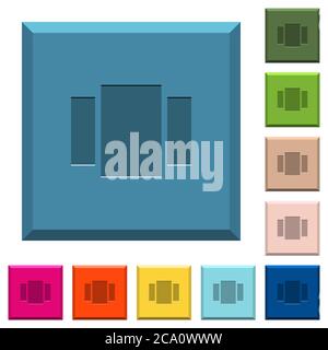 View carousel engraved icons on edged square buttons in various trendy colors Stock Vector