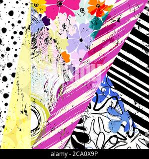 abstract geometric background pattern, with triangles, circles, flowers, paint strokes and splashes Stock Vector