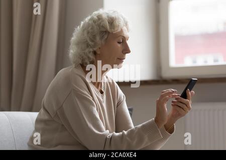 Elderly woman holding smartphone using internet connection texting message Stock Photo