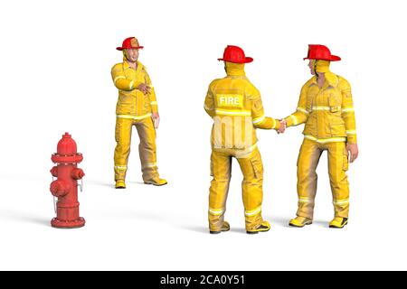 Two firefighters shake hands in greeting and the third one points at them - a fire hydrant stands next to them - isolated on white background - 3d ill Stock Photo