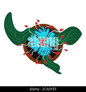 Flower in pot isolated on white background. Fresh bloom blue flower with green leaves in flowerpot. House plant top view. Stock vector illustration Stock Vector