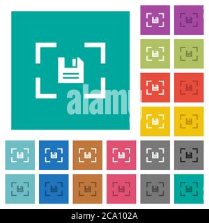 Camera save image multi colored flat icons on plain square backgrounds. Included white and darker icon variations for hover or active effects. Stock Vector