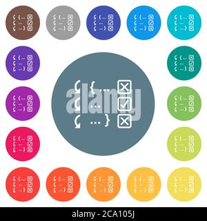 Debugging program flat white icons on round color backgrounds. 17 background color variations are included. Stock Vector