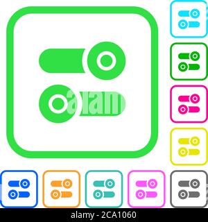 Toggle switches vivid colored flat icons in curved borders on white background Stock Vector